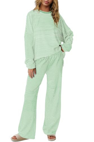 Panadila Womens 2 Piece Lounge Sets Striped Long Sleeve Pajama Set Oversized Tshirts Wide Leg Pant Loungewear (White Green Combo,Medium) | Amazon (US)
