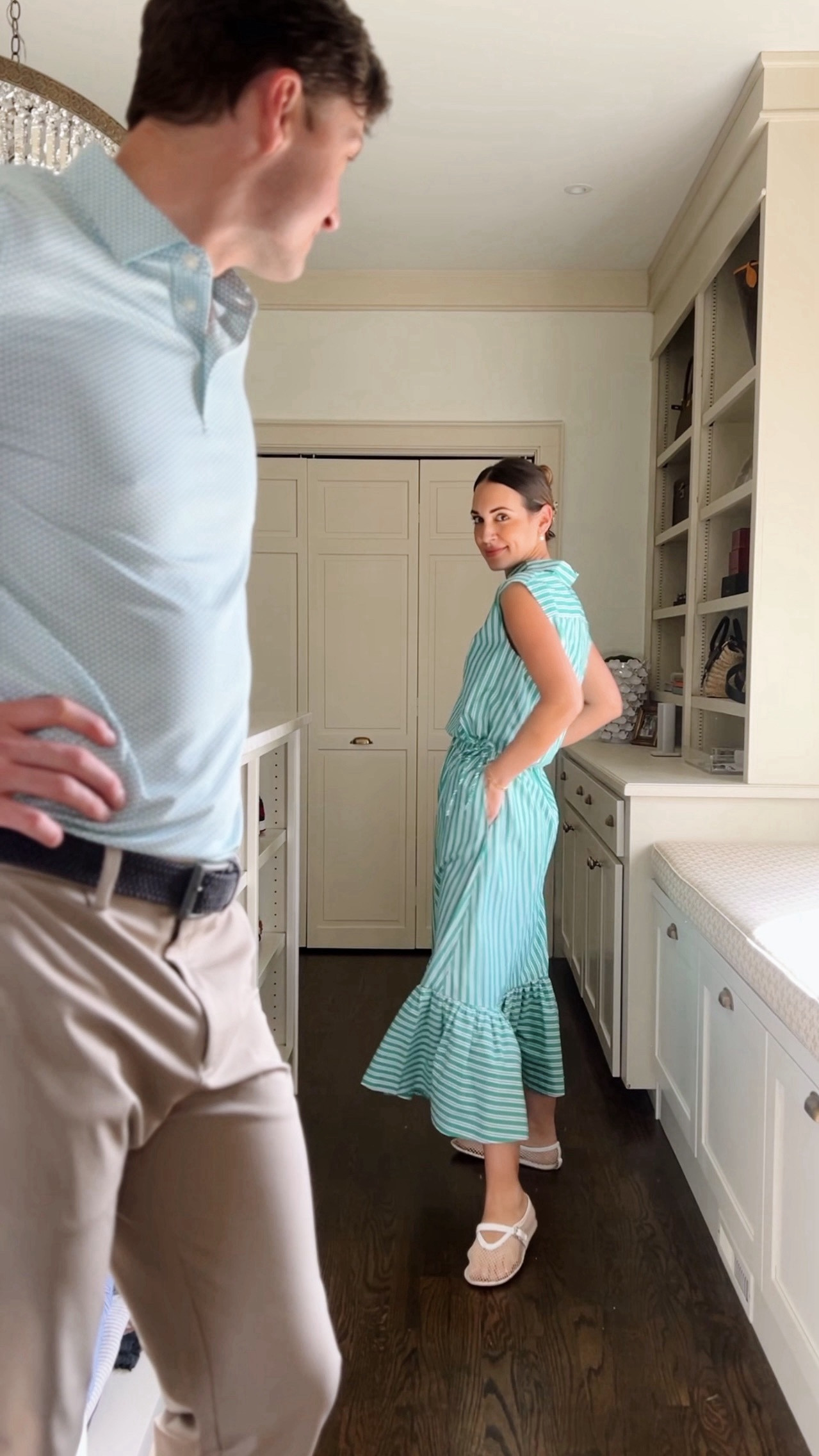 Christian's wearing the Jack Performance Pants (he loves them so much he has two colors!) – I’m wearing a green striped cotton midi skirt with matching top in a small.