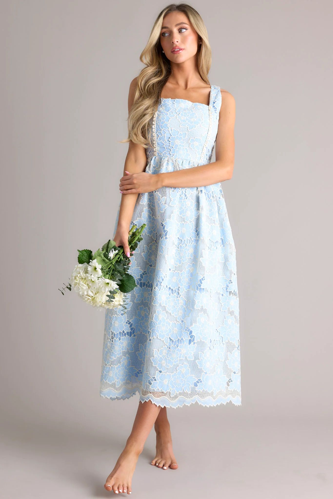 Fly A Kite Sky Blue Floral Embroidered Midi Dress | Red Dress