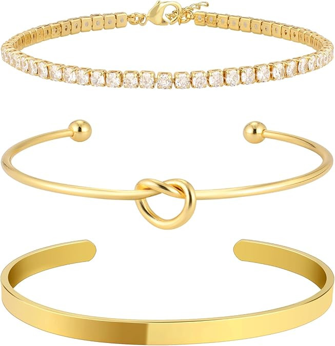Gold Bangle Cuff Knot Bracelet for Women Stack Non Tarnish 14k Gold Plated Dainty Cubic Zirconia ... | Amazon (US)