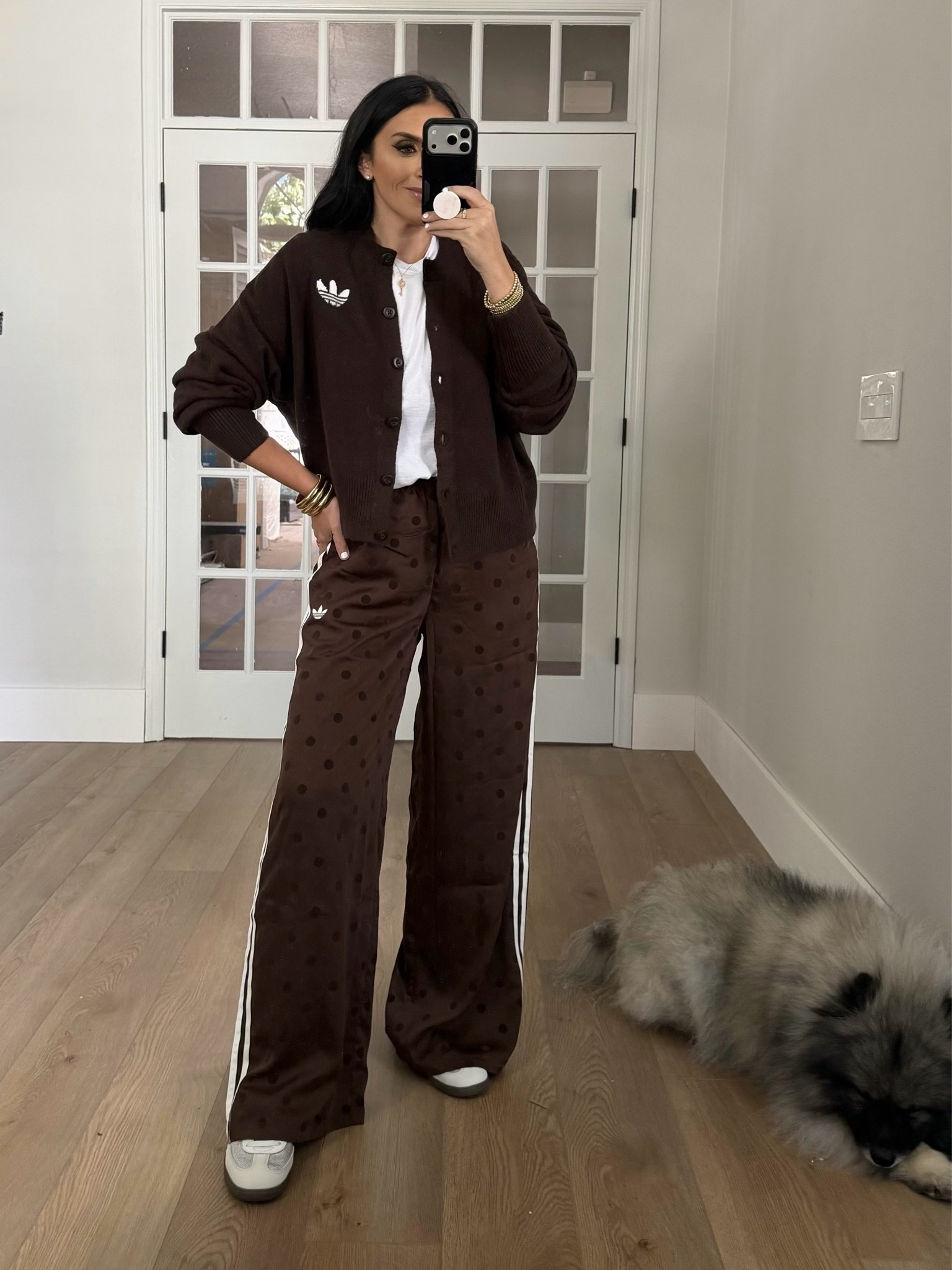 Adidas essentials knit cardigan wearing size medium. adidas Originals Women's Satin Polka Dots Wide Leg Pant
