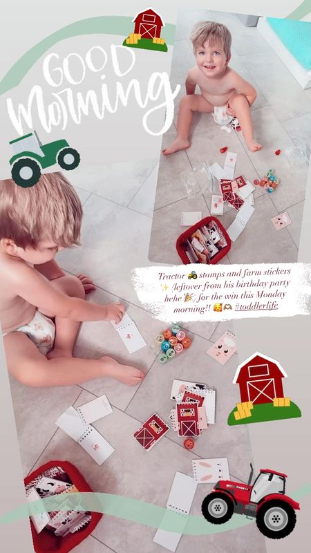 Tractor 🚜 stamps and farm stickers ✨ (leftover from his birthday party hehe 🎉) for the win this Monday morning!! 🥰🫶🏽 #toddlerlife 

#LTKHome #LTKKids #LTKFamily