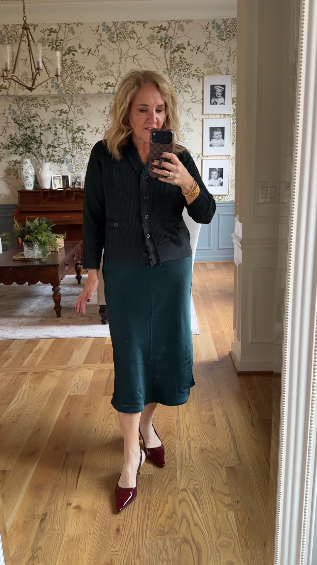 Nordstrom rack cardigan. It’s a lighter weight knit. A bit darker evergreen than the skirt. Wearing a medium in both. 
Merlot slingbacks size up 1/2 I have worn them so much 

Christmas dress green skirt 

#LTKFindsUnder50 #LTKOver40 #LTKHoliday