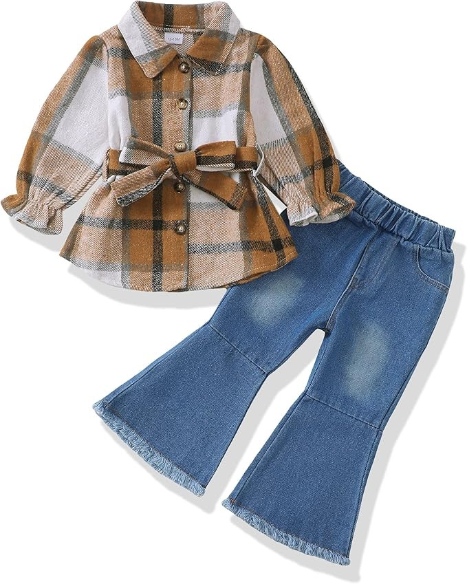 XUANHAO Baby Girl Clothes Fall Winter Toddler Outfits for Girls Flannel Plaid Shirt Tops Flare Je... | Amazon (US)