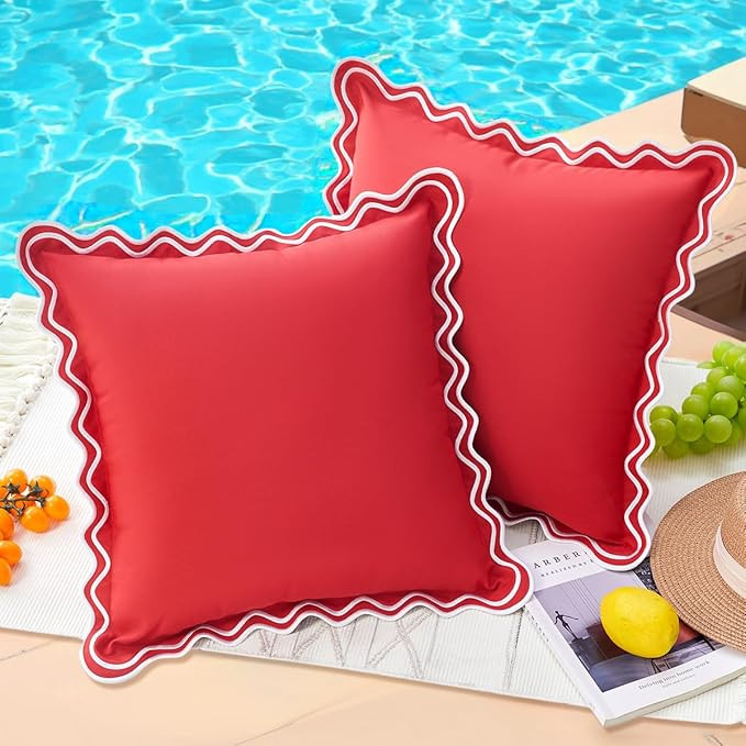 18x18 Red Scalloped Outdoor Throw Pillow Covers Waterproof & Sunproof Set of 2, Embroidered Red B... | Amazon (US)