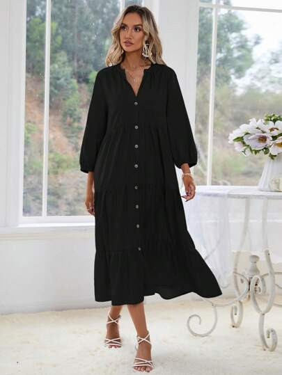 SHEIN Frenchy Solid Button Front Ruffle Hem Smock Dress | SHEIN