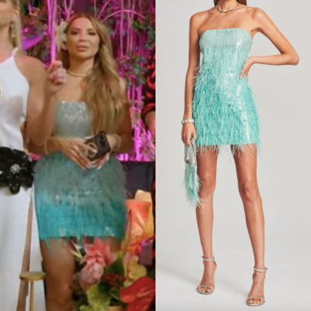 Larsa Pippen’s Turquoise and Light Blue Ombre Strapless Feather Dress