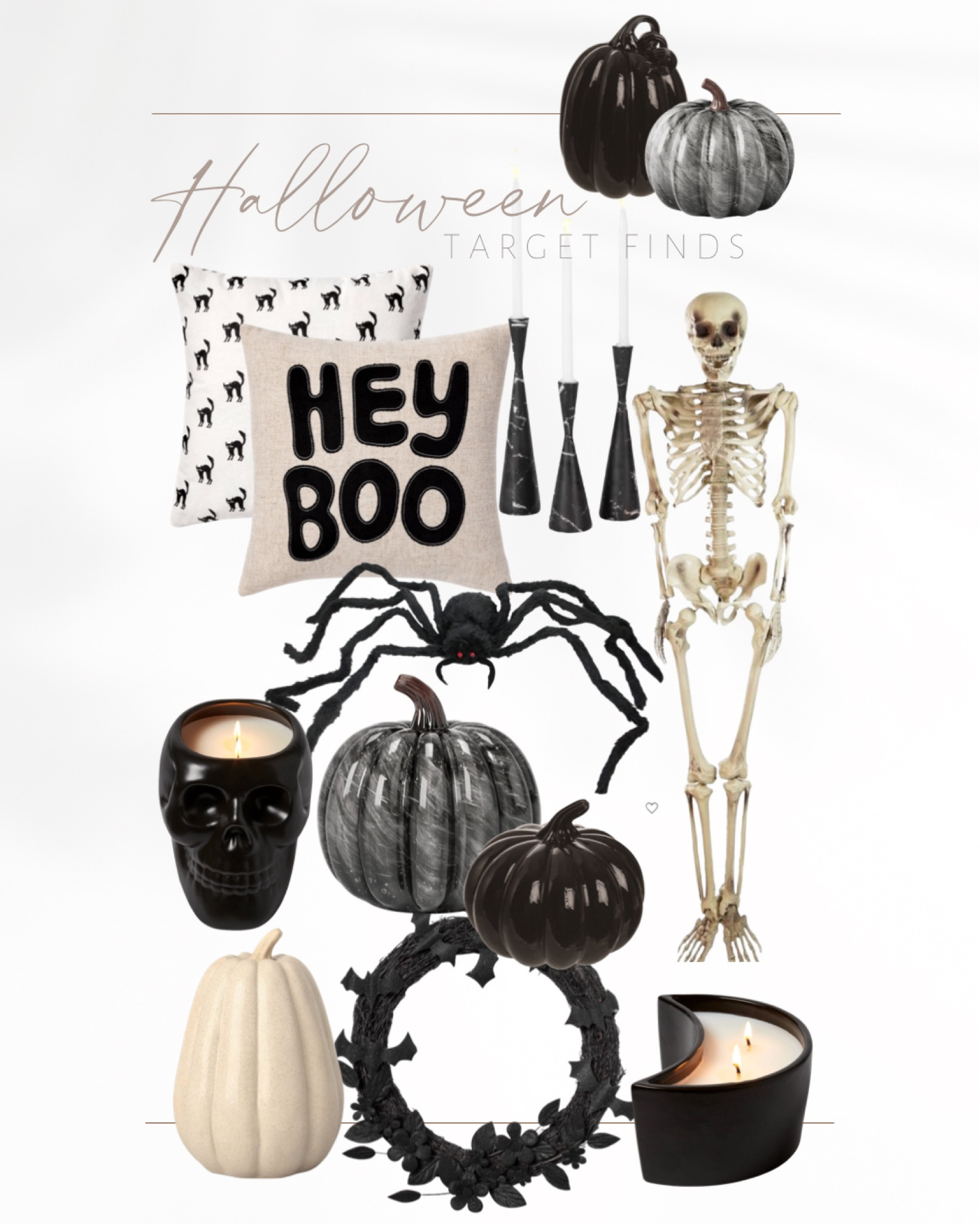 Target Halloween Finds 💀

Halloween decor, fall home decor, black pumpkins, gray pumpkins, white pumpkins, glass pumpkins, black skull candle, crescent moon candle, fall candles, skeletons, black marble candlesticks, Halloween throw pillows, accent candles, black spiders, Halloween wreath 

#LTKSeasonal #LTKhome