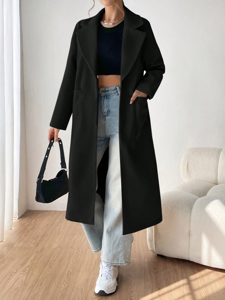 SHEIN EZwear Women'S Solid Color Lapel Woolen Coat | SHEIN