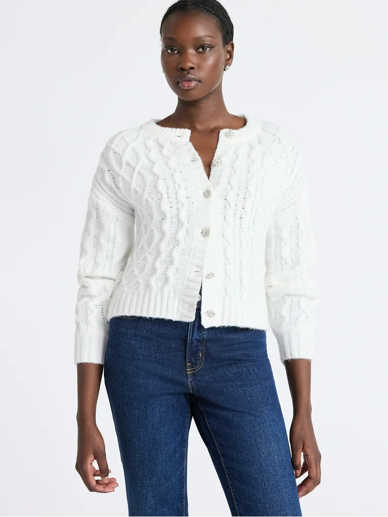 Free Assembly Women's and Women's Plus Cropped Cable Cardigan Sweater, Midweight, Sizes XS-4X | Walmart (US)