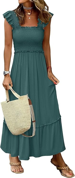 ANRABESS Womens Summer Sleeveless Maxi Dress Square Neck Smocked Boho Casual Ruffle Strap Flowy A... | Amazon (US)