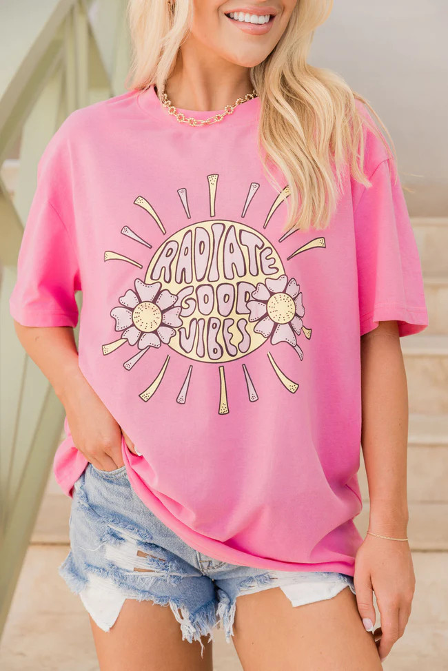 Radiate Good Vibes Pink Oversized Graphic Tee | Pink Lily
