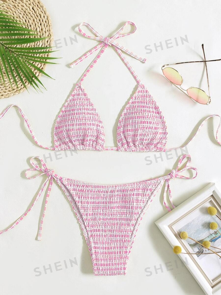 SHEIN Swim Mod Striped Bikini Set Smocked Triangle Bra & Thong Bottom 2 Piece Bathing Suit | SHEIN