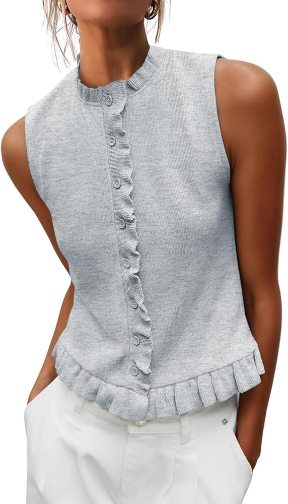 Women's Sleeveless Pleated Cardigan Summer Round Neck Sweater Casual Cute Soft Knitted Top | Amazon (US)