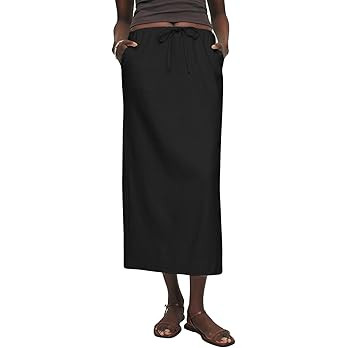 IDEALSANXUN Womens Cotton Linen Skirts Trendy Elastic Waist Drawstring Long Skirts with Slit | Amazon (US)