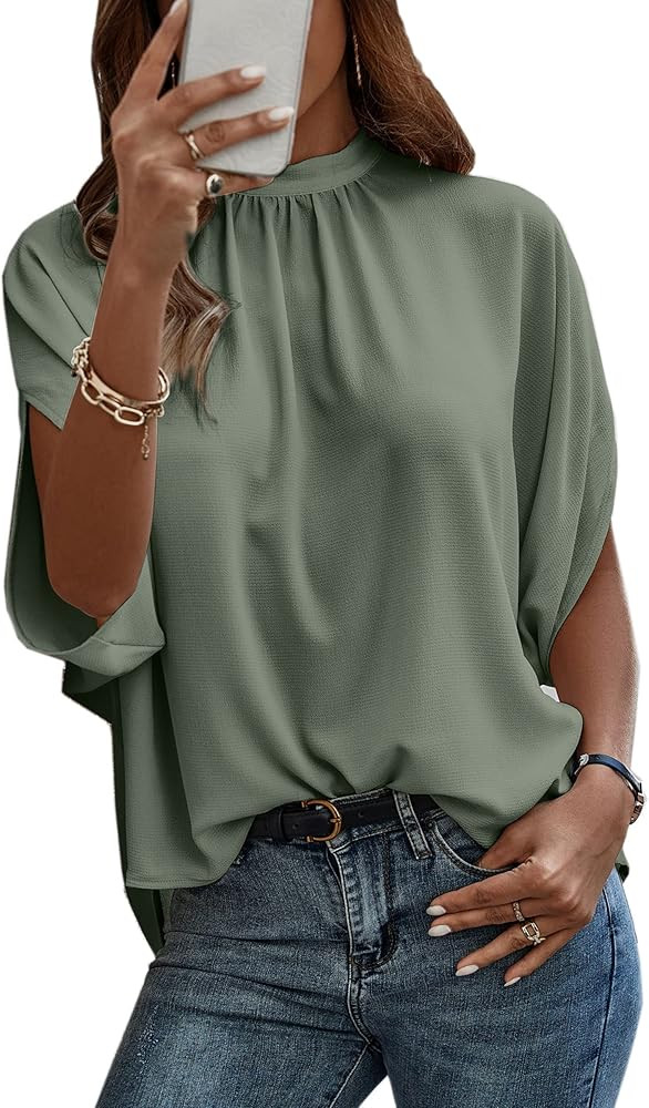Angashion Womens Tops, Short Sleeve Casual Summer Top Solid Color Self Tie Loose Fit Drape Tunic ... | Amazon (US)