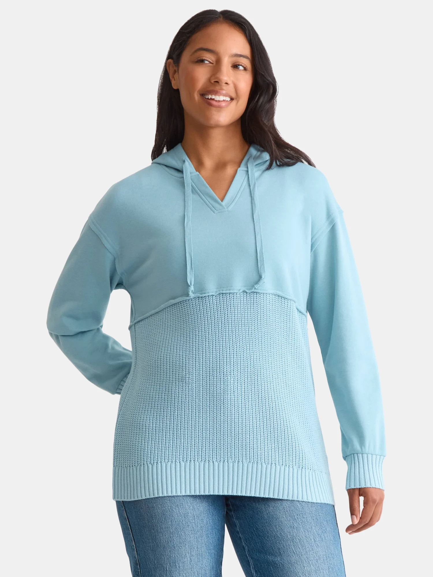 Time and Tru Women's Fashion Mixed Media Sweatshirt with Hood, Sizes XS-XXXL | Walmart (US)
