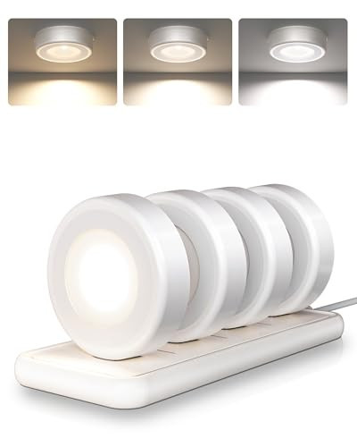 EZVALO LED Puck Lights with Charging Station, Rechargeable Sitck On Tap Lights, Wireless Closet Light, 3 Color Temps, Under Cabinet Lights, 2.5'' Mini Touch Light for Kitchen,Pantry,Shelves(4 Pack) | Amazon (US)