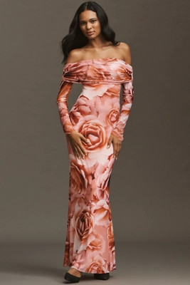 AFRM Long-Sleeve Off-The-Shoulder Mesh Maxi Dress | Anthropologie (UK)