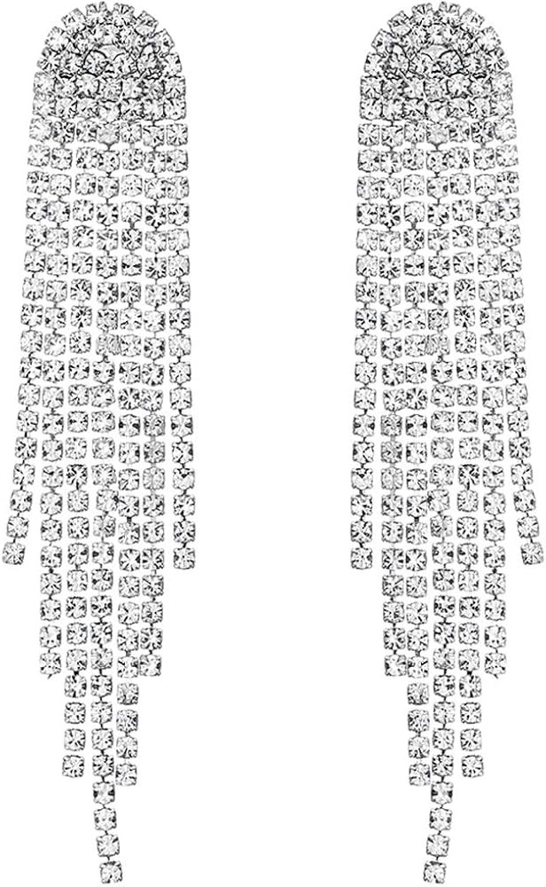Mlouye 3.3"L Rhinestone Earrings Dangling Long Fringe Crystals Chandelier Dangle Drop Earrings fo... | Amazon (US)