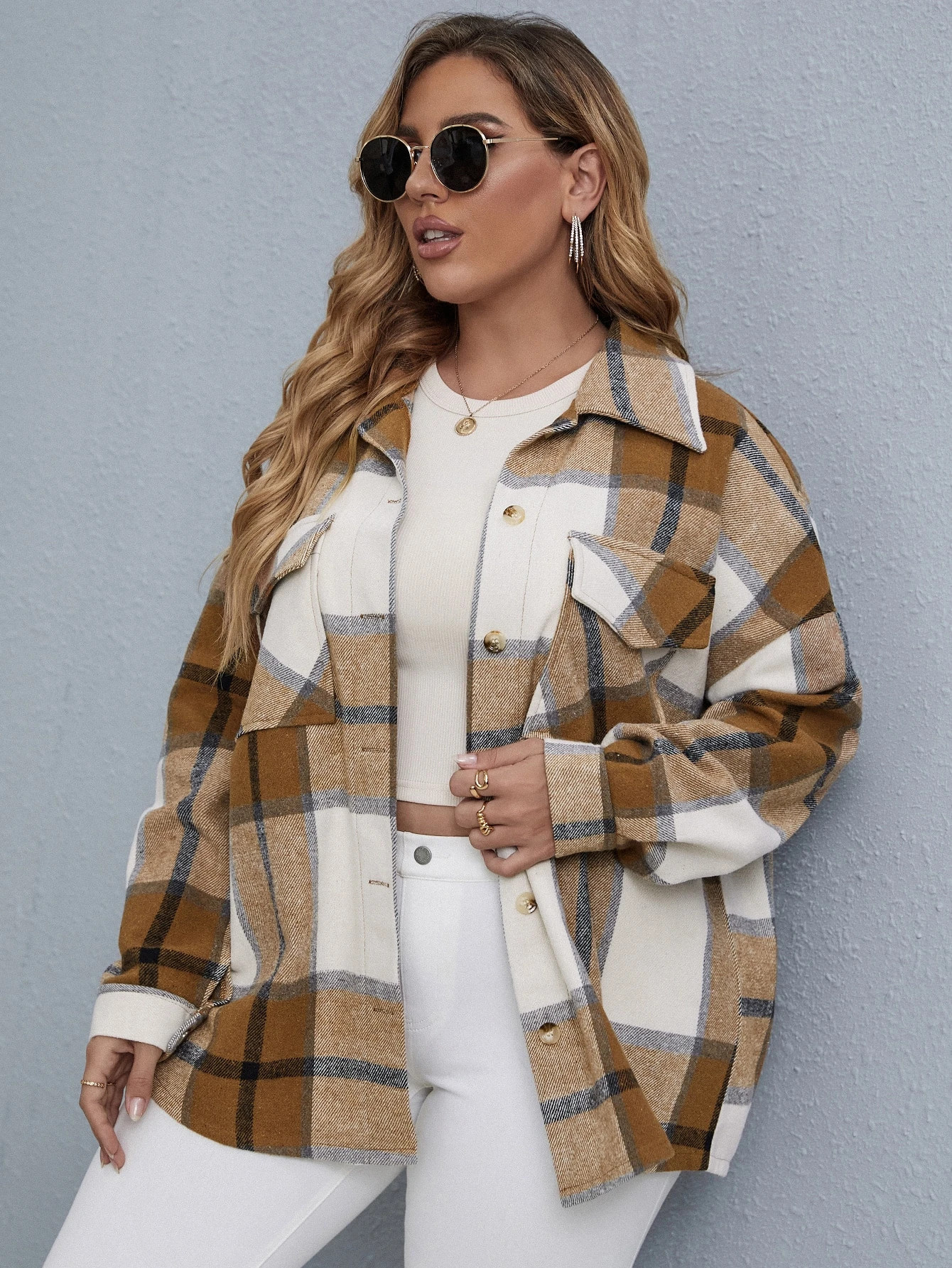 Plus Plaid Flap Pocket Drop Shoulder Coat | SHEIN