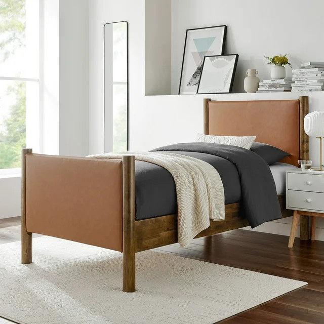 Modway Maven Twin Size Vegan Leather Upholstered Platform Bed in Tan Walnut | Walmart (US)