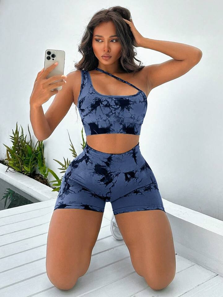 Yoga Trendy Tie Dye One Shoulder Sports Set | SHEIN