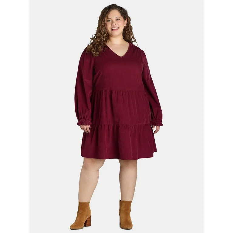 Time and Tru Women's and Women's Plus Cotton Corduroy Tiered Dress, Sizes XS-4X | Walmart (US)