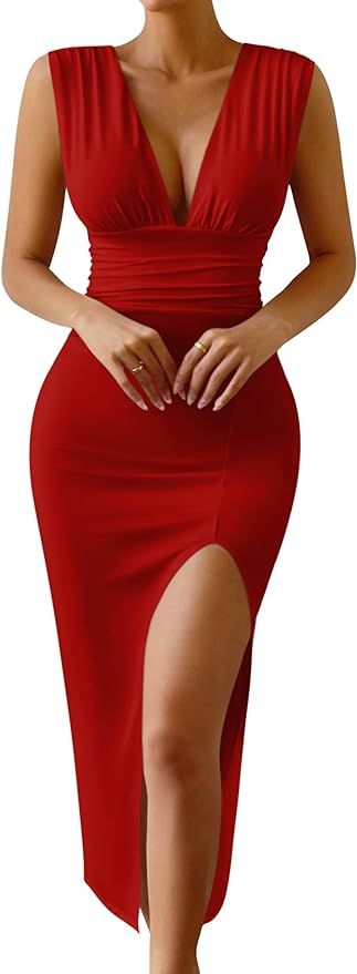 GOKATOSAU Women's Summer Plunge V Neck Sleeveless High Side Split Bodycon Long Dress | Amazon (US)