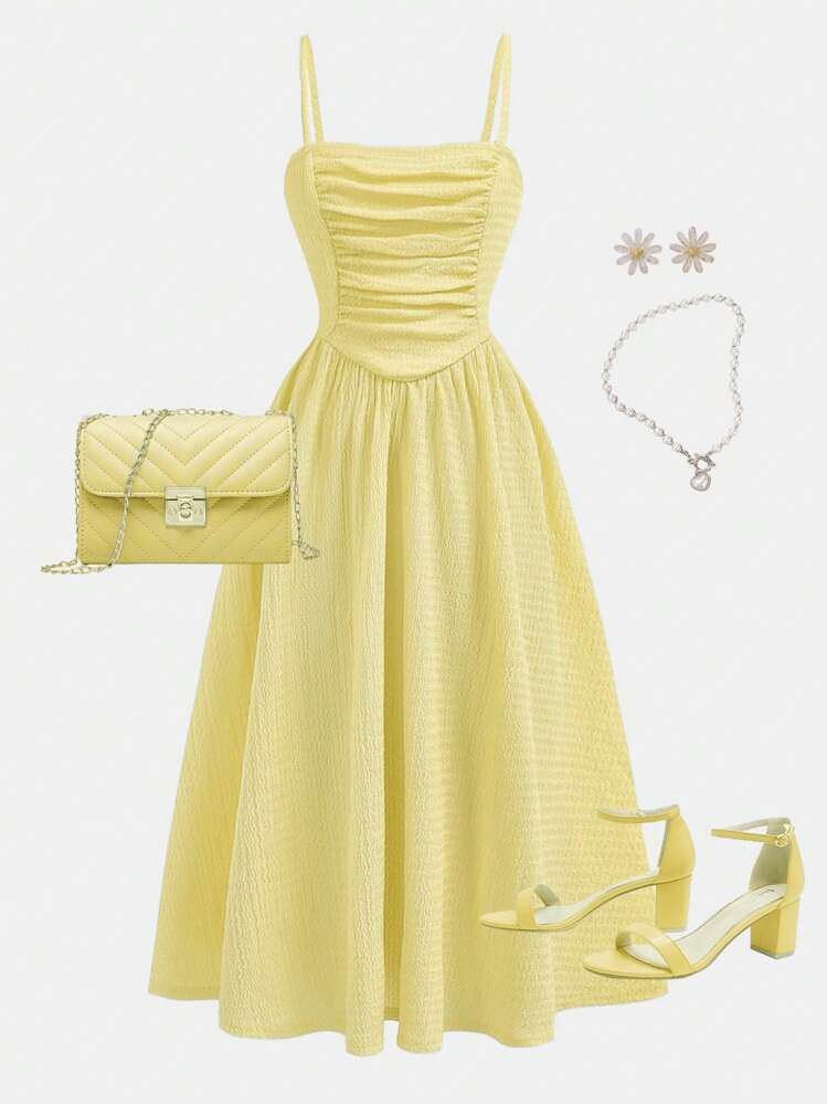 Girlism Vestido de tirantes elegante de color amarillo s\u00f3lido con cintura ajustada y volante... | SHEIN