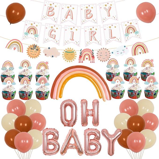 Amazon.com: Boho Rainbow Baby Shower Decorations Bohemian Balloon Baby Girl Banner Cake Toppers f... | Amazon (US)
