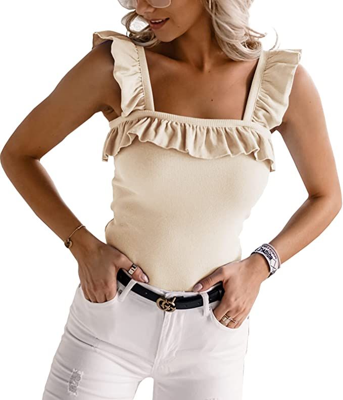 Womens Cute Sleeveless Tank Tops Ruffle Strap Square Neck Blouse Solid Color Knitted Camisole | Amazon (US)