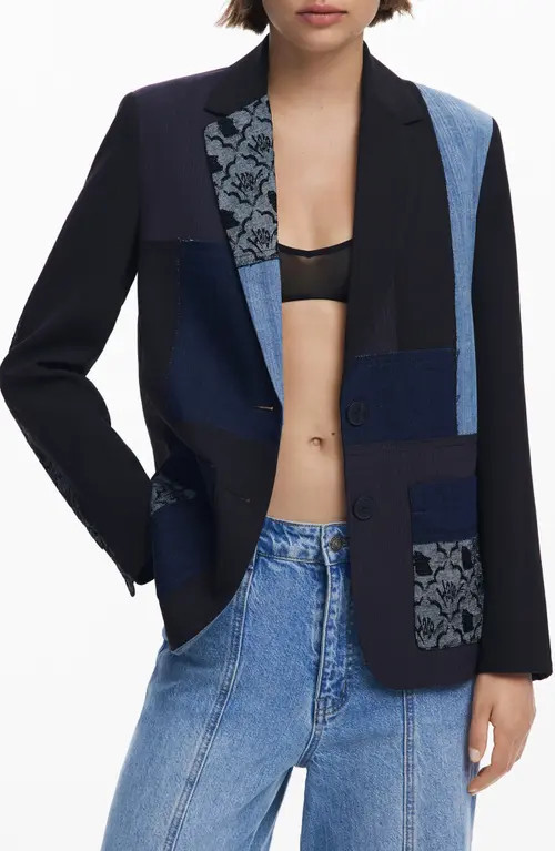Desigual Mixed Media Blazer in Gray Blue at Nordstrom, Size X-Large | Nordstrom