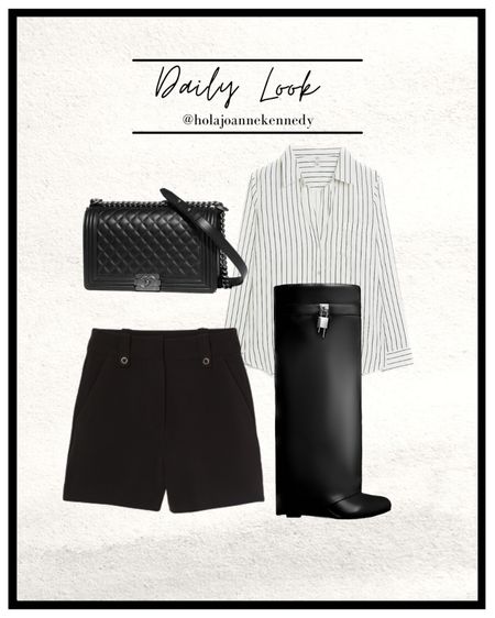 Easy outfit idea, spring outfit, chic outfit idea, black knee high wedge boots, ego padlock boots, I am the one boots, padlock wedge boots, white and black pinstripe shirt, black and white stripe shirt, pinstripe women’s shirt, black tailored shorts, Chanel boy bag 

#LTKunder100 #LTKshoecrush #LTKeurope
