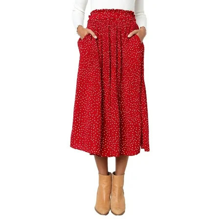 Womens High Waist Polka Dot Pleated Skirt Midi Swing Skirt with Pockets Summer Boho Halter Skirt Red Large Size | Walmart (US)