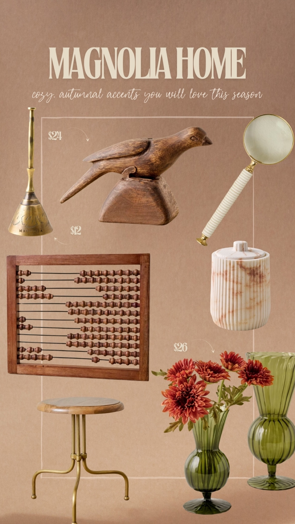 Magnolia Home Autumn Favorites

Brass Accents, Brass Bell, Magnifying Glass, Faux Stems, Vase, Rustic Vase, Glass Vase, Brass Stool, End Table, Accent Table, Vintage Home, Wooden Bird

#LTKFindsUnder50 #LTKSaleAlert #LTKHome