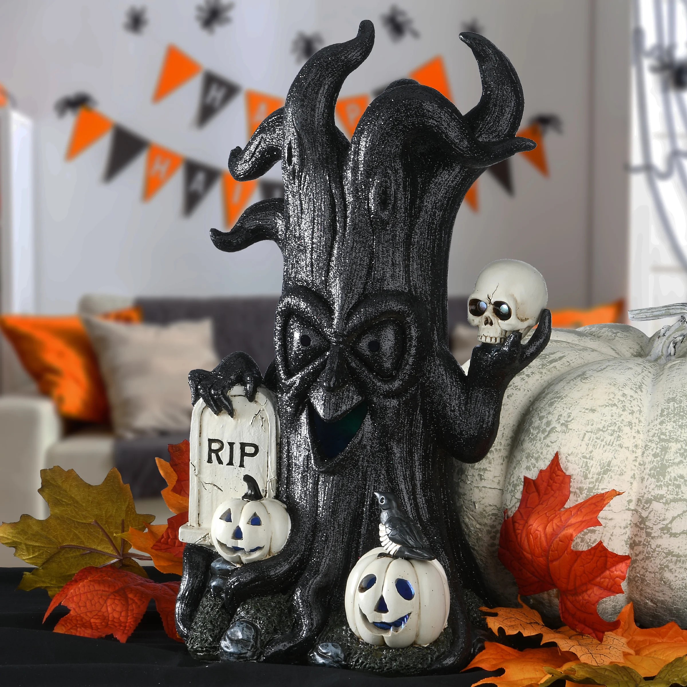 National Tree Company Pre-Lit Halloween Figurine, Black, Haunted Tree, Skull, Tombstone, Pumpkins... | Walmart (US)