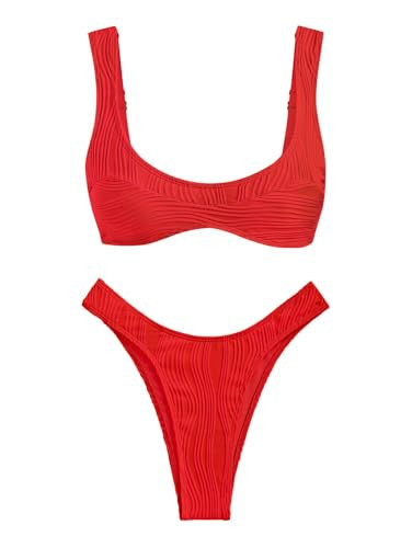 seamoly Wave Textured Tank Style Cheeky Bikini Set, Red, M | Amazon (US)