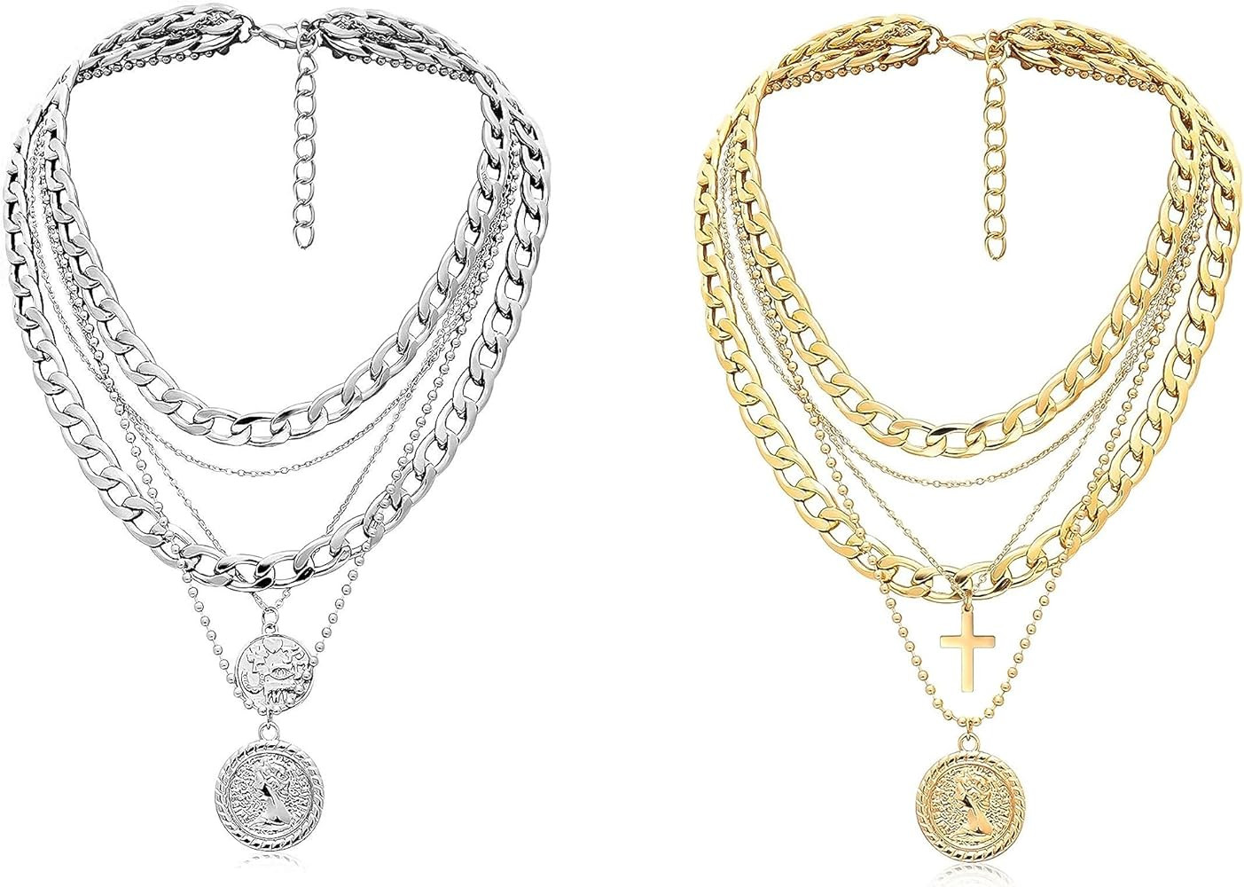 MJartoria Bundle - Silver Layered Necklaces for Women Trendy Retro Coin Pendant Gold Necklace and... | Amazon (US)