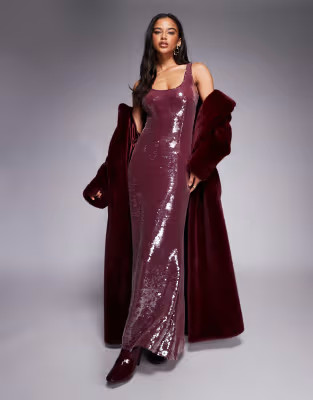 Aria Cove sequin scoop neck maxi dress in burgundy | ASOS (Global)
