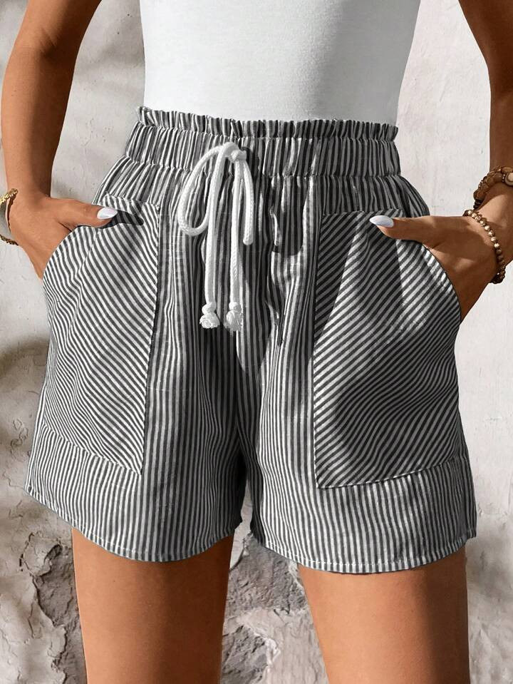 SHEIN LUNE Women's Summer Blue & White Striped Elastic Waist Double Pocket Shorts | SHEIN