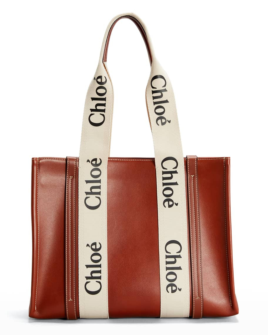 Chloe Woody Medium Logo Canvas/Leather Tote Bag | Neiman Marcus