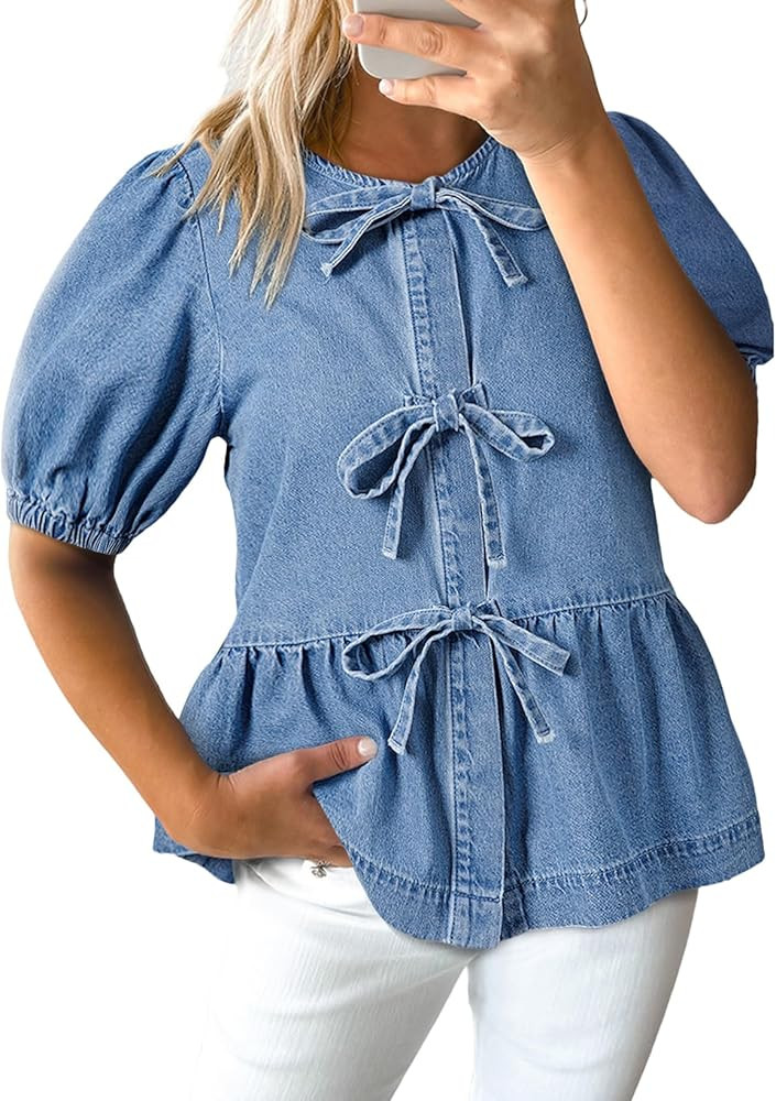 Melliflo Women's Short Puffed Sleeve Denim Blouse Bow Tie Front Ruffled Loose Shirt Jean Peplum B... | Amazon (US)