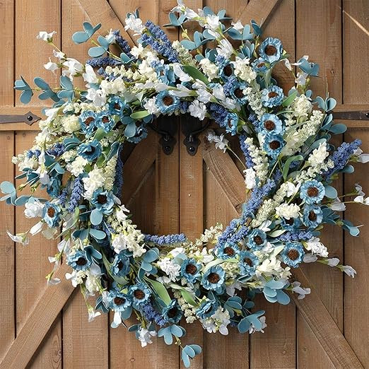Bibelot 24 Inch Spring Wreath Blue with Green Leaves Wreaths Blue Daisy Artificial Grains White F... | Amazon (US)