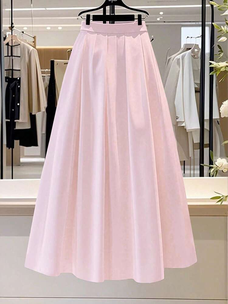 Franclia Women's Solid Color Elegant A-Line Pleated Skirt, Suitable For Commuting | SHEIN