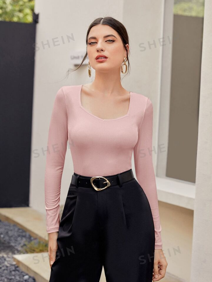 SHEIN Mulvari Solid Sweetheart Neck Tee | SHEIN