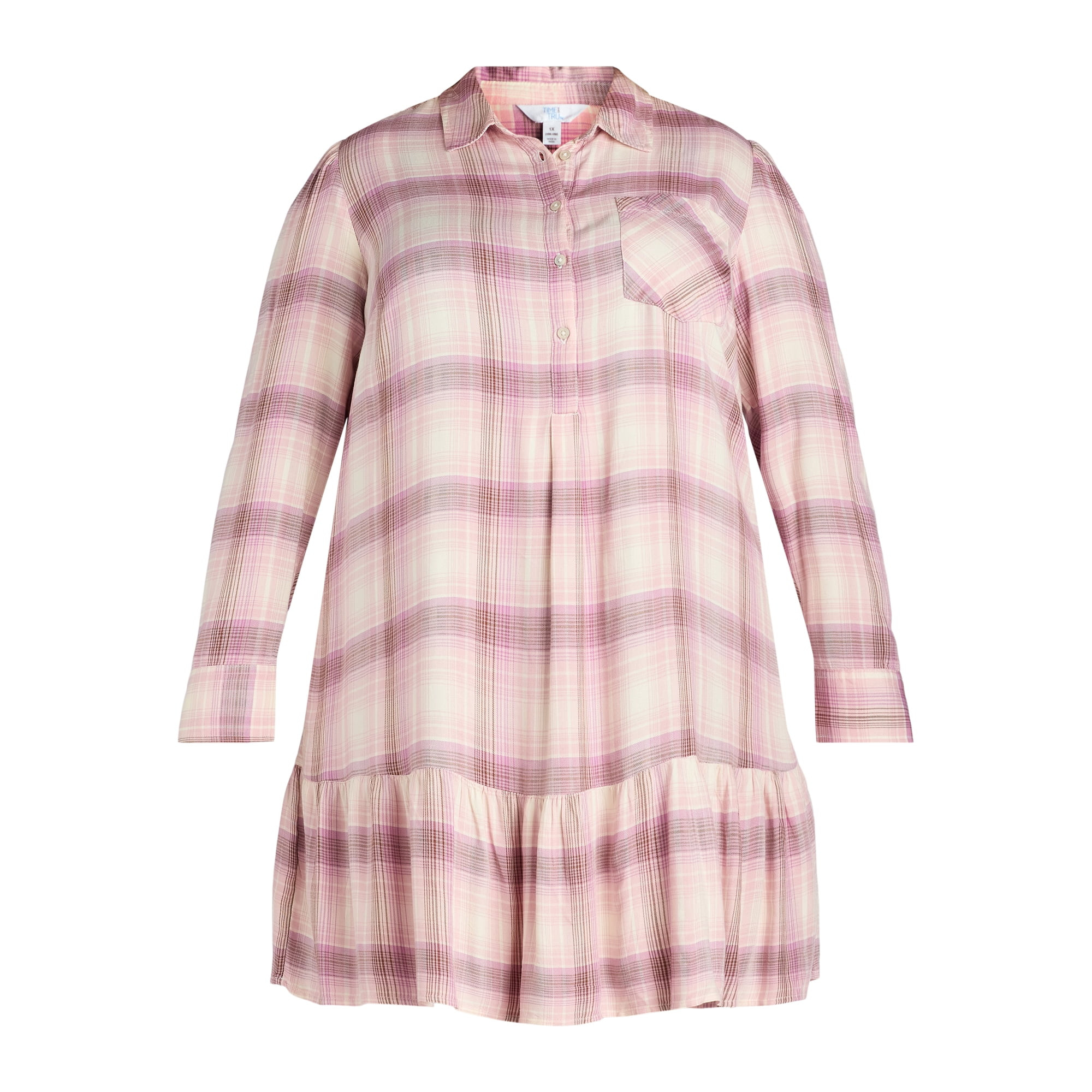 Time and Tru Ruffle Hem Mini Shirt Dress with Long Sleeves, Women's and Women's Plus, Sizes XS-4X | Walmart (US)