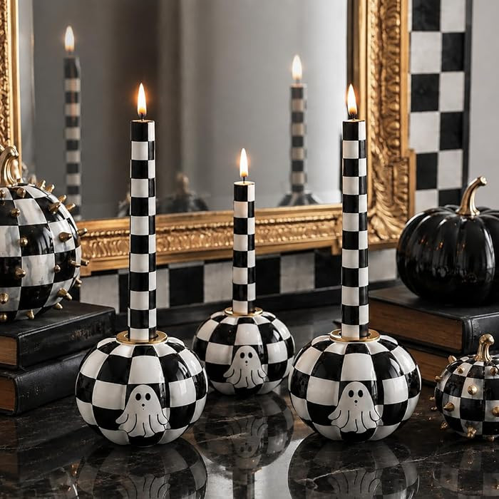 Mumufy 3 Pcs Halloween Black White Checkerboard Decor Candle Holder | Amazon (US)
