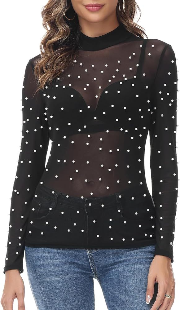 Kate Kasin Women's Mesh Tops Long Sleeve Sheer Blouse Sexy Shirt High Neck Clubwear | Amazon (US)