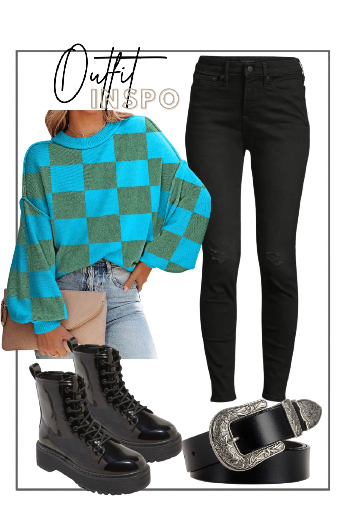 On trend fall outfit. 
Checkered Sweater: I got an XL
denim: run true to size 
Boots; true to size 


#LTKunder50 #LTKstyletip #LTKunder100